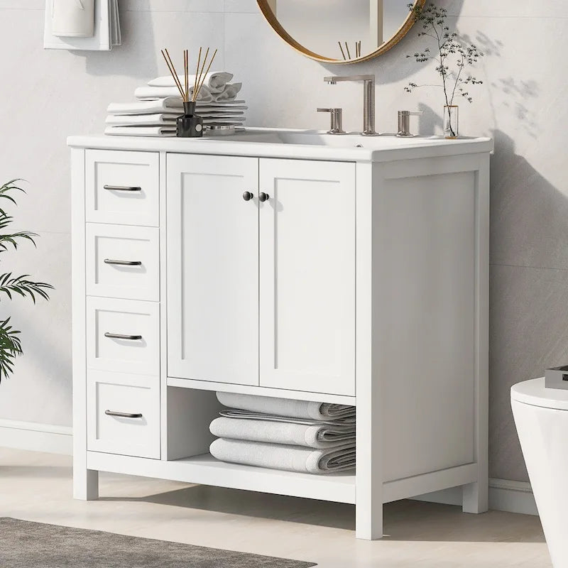 Meuble-lavabo moderne de 36 po avec lavabo, 2 armoires, 2 poignées métalliques et glissières de tiroir, convient pour salle de bain ou dressing