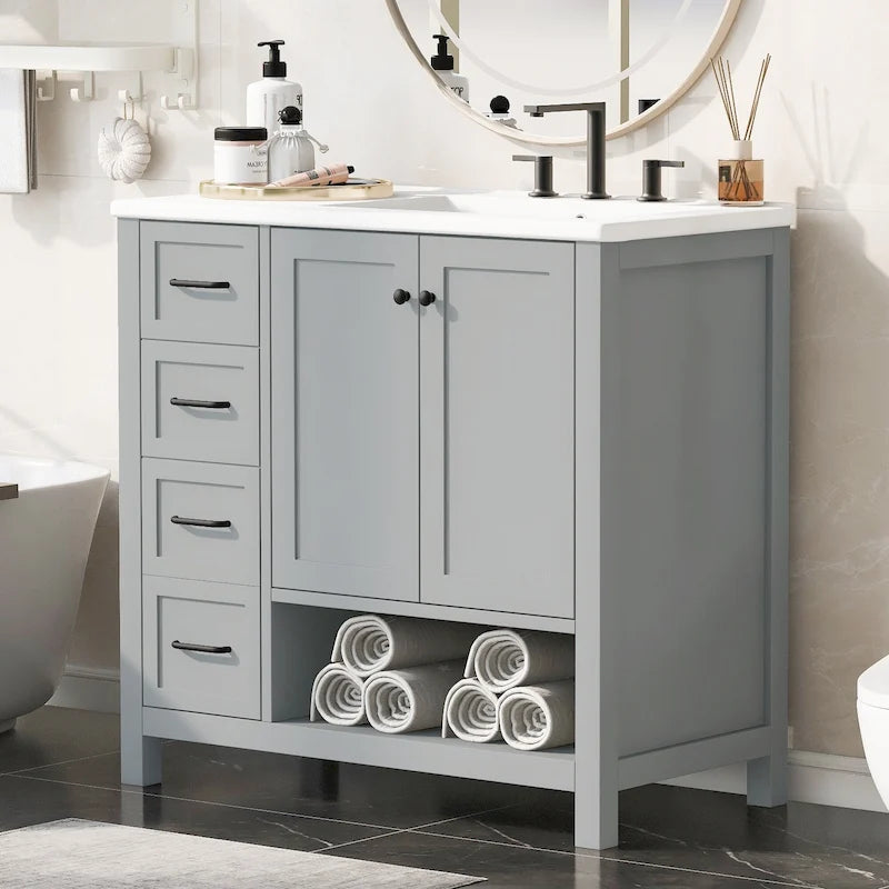 Meuble-lavabo moderne de 36 po avec lavabo, 2 armoires, 2 poignées métalliques et glissières de tiroir, convient pour salle de bain ou dressing
