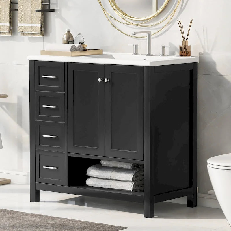 Meuble-lavabo moderne de 36 po avec lavabo, 2 armoires, 2 poignées métalliques et glissières de tiroir, convient pour salle de bain ou dressing