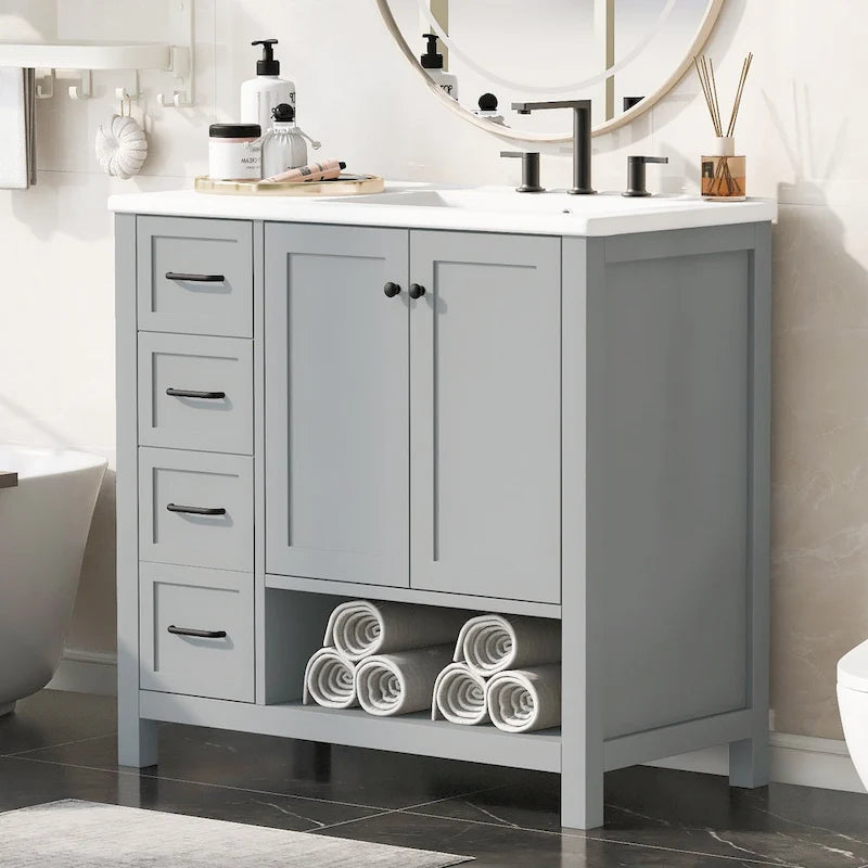 Meuble-lavabo moderne de 36 po avec lavabo, 2 armoires, 2 poignées métalliques et glissières de tiroir, convient pour salle de bain ou dressing