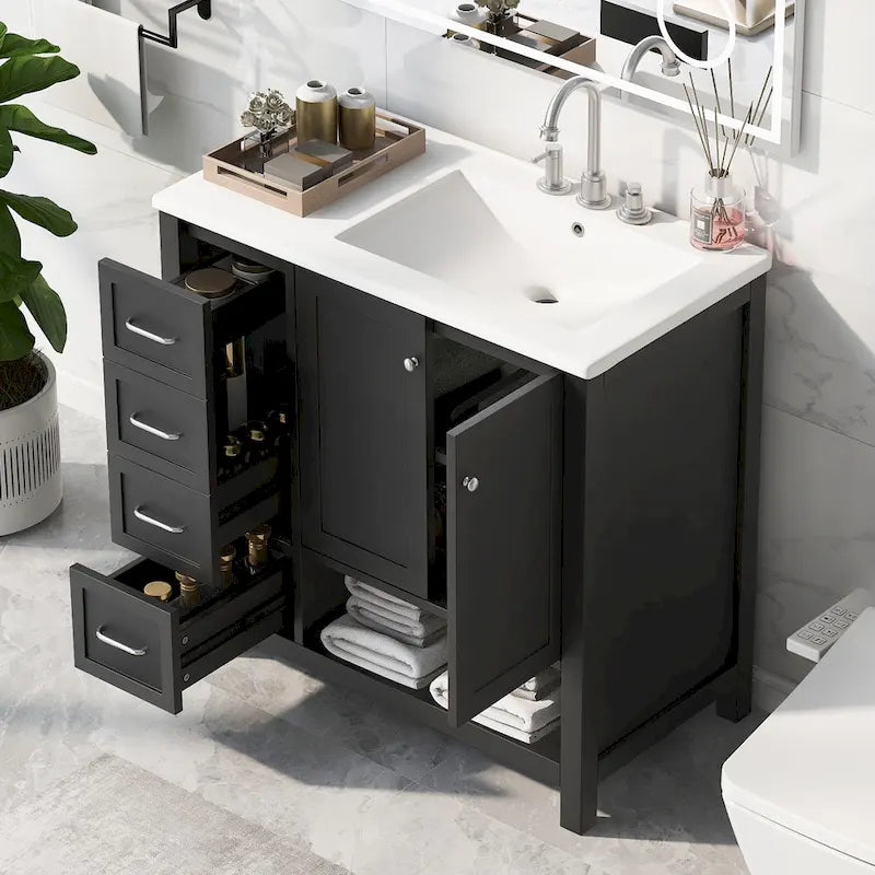 Meuble-lavabo moderne de 36 po avec lavabo, 2 armoires, 2 poignées métalliques et glissières de tiroir, convient pour salle de bain ou dressing