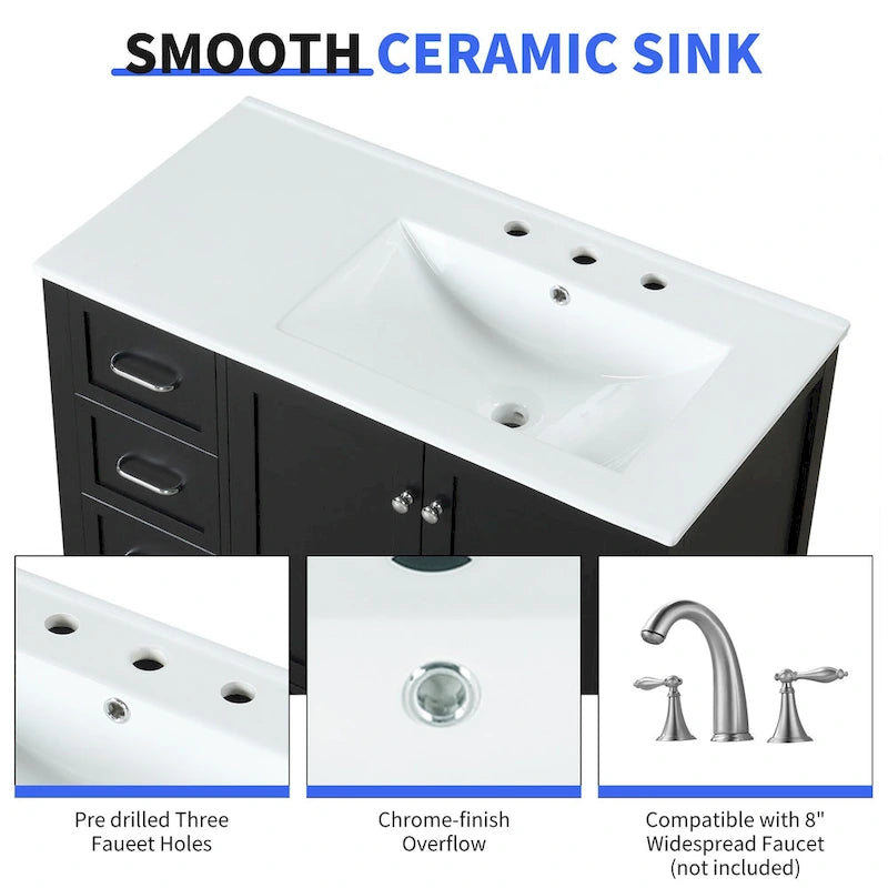 Meuble-lavabo moderne de 36 po avec lavabo, 2 armoires, 2 poignées métalliques et glissières de tiroir, convient pour salle de bain ou dressing
