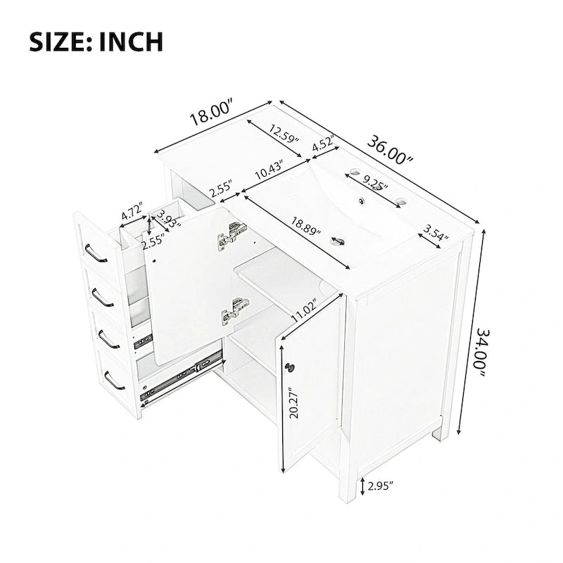 Meuble-lavabo moderne de 36 po avec lavabo, 2 armoires, 2 poignées métalliques et glissières de tiroir, convient pour salle de bain ou dressing