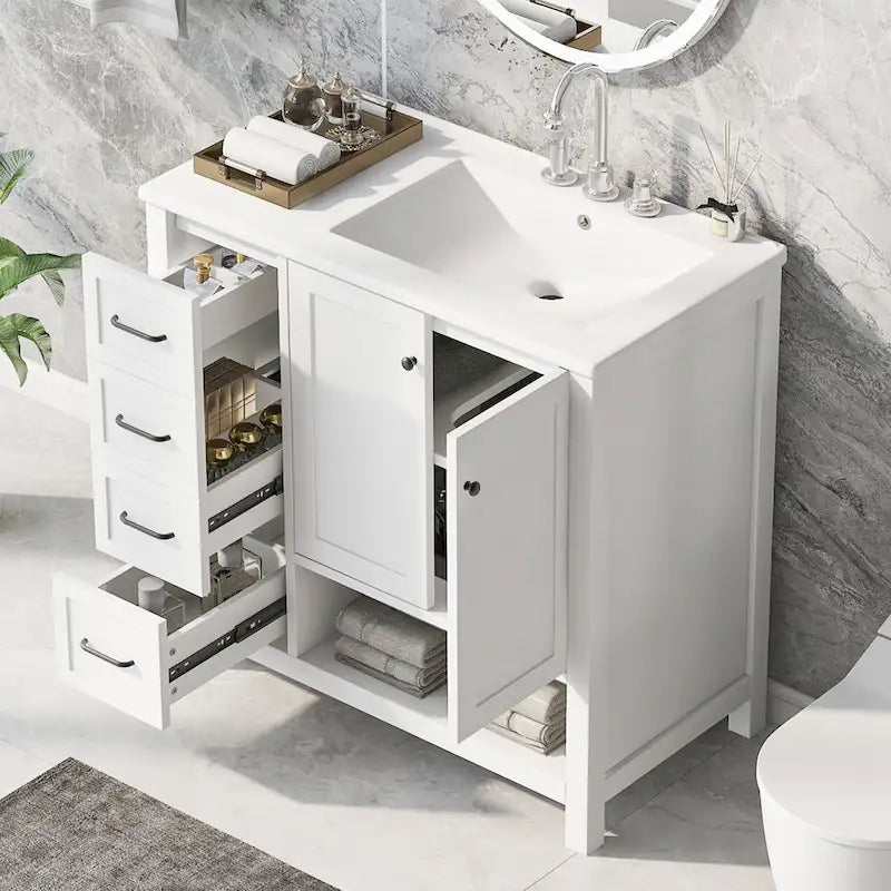 Meuble-lavabo moderne de 36 po avec lavabo, 2 armoires, 2 poignées métalliques et glissières de tiroir, convient pour salle de bain ou dressing