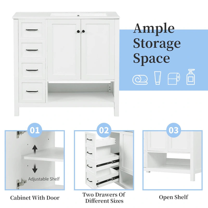 Meuble-lavabo moderne de 36 po avec lavabo, 2 armoires, 2 poignées métalliques et glissières de tiroir, convient pour salle de bain ou dressing