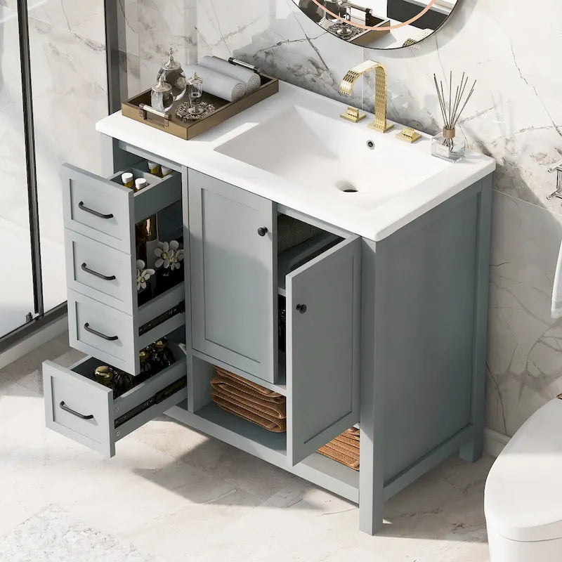 Meuble-lavabo moderne de 36 po avec lavabo, 2 armoires, 2 poignées métalliques et glissières de tiroir, convient pour salle de bain ou dressing
