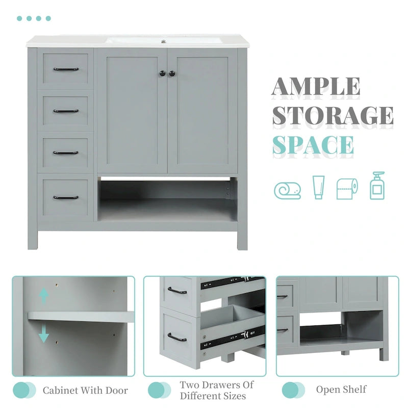 Meuble-lavabo moderne de 36 po avec lavabo, 2 armoires, 2 poignées métalliques et glissières de tiroir, convient pour salle de bain ou dressing
