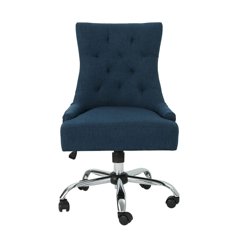 Chaise de bureau pivotante, Tissu bleu marine, Dossier capitonné, Roulettes