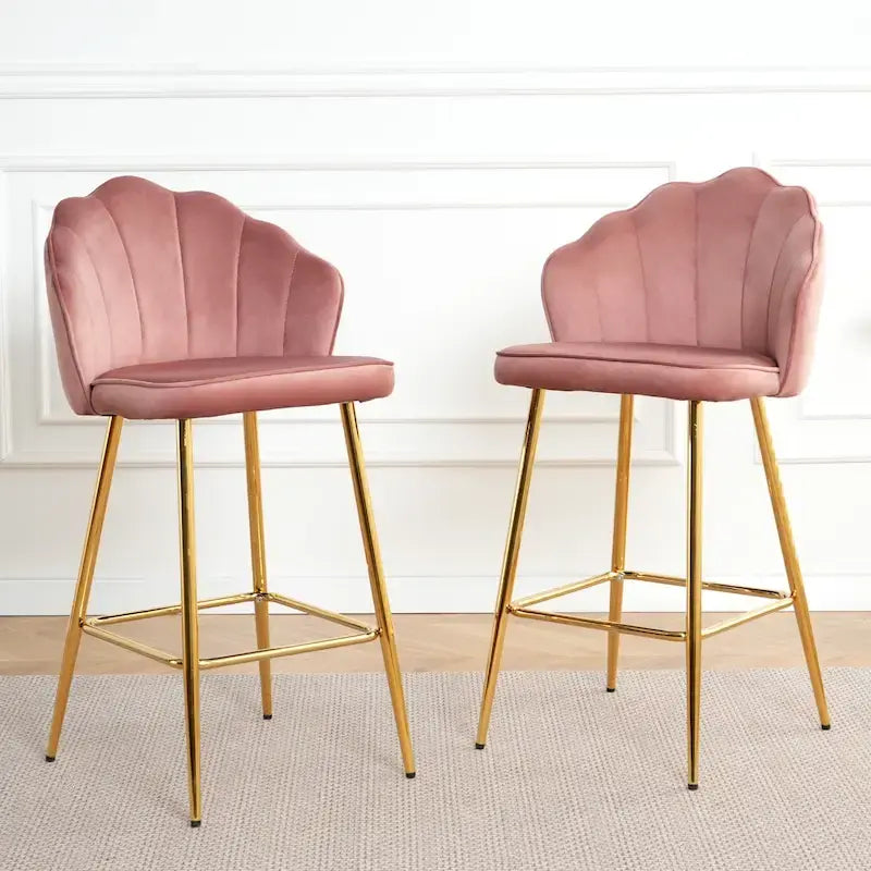 Tabourets de bar en velours motif coquillage, lot de 2, chaises hauteur comptoir avec pieds en métal, chaises d'îlot de cuisine rembourrées avec repose-pieds