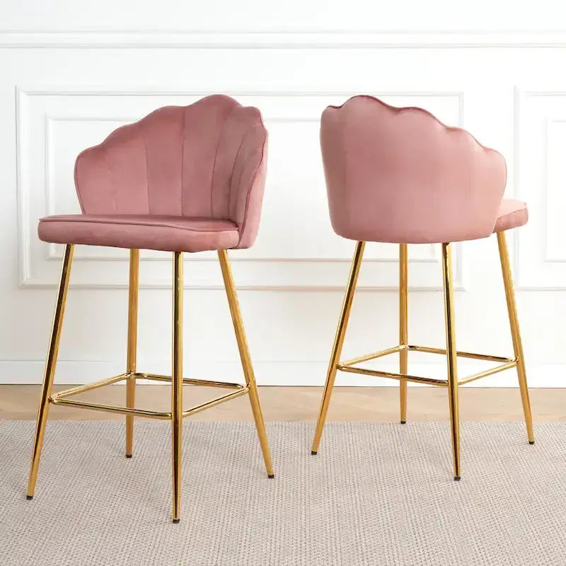 Tabourets de bar en velours motif coquillage, lot de 2, chaises hauteur comptoir avec pieds en métal, chaises d'îlot de cuisine rembourrées avec repose-pieds