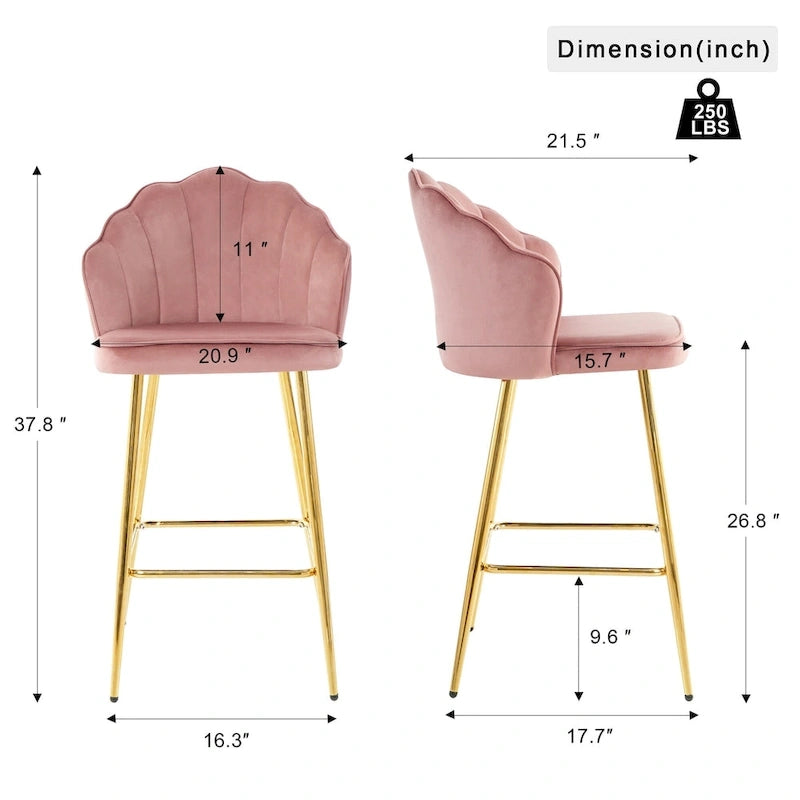 Tabourets de bar en velours motif coquillage, lot de 2, chaises hauteur comptoir avec pieds en métal, chaises d'îlot de cuisine rembourrées avec repose-pieds