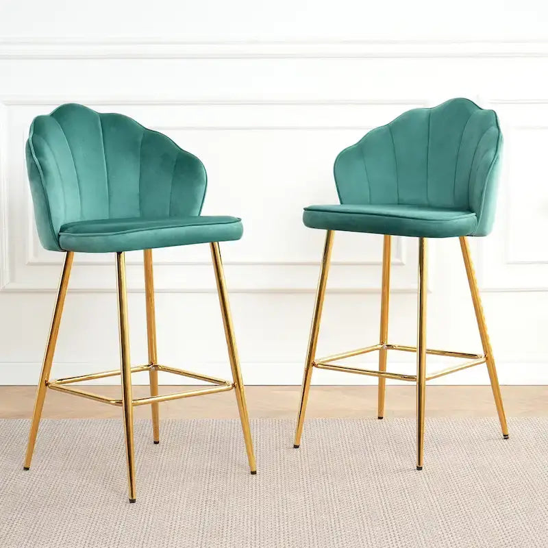 Tabourets de bar en velours motif coquillage, lot de 2, chaises hauteur comptoir avec pieds en métal, chaises d'îlot de cuisine rembourrées avec repose-pieds