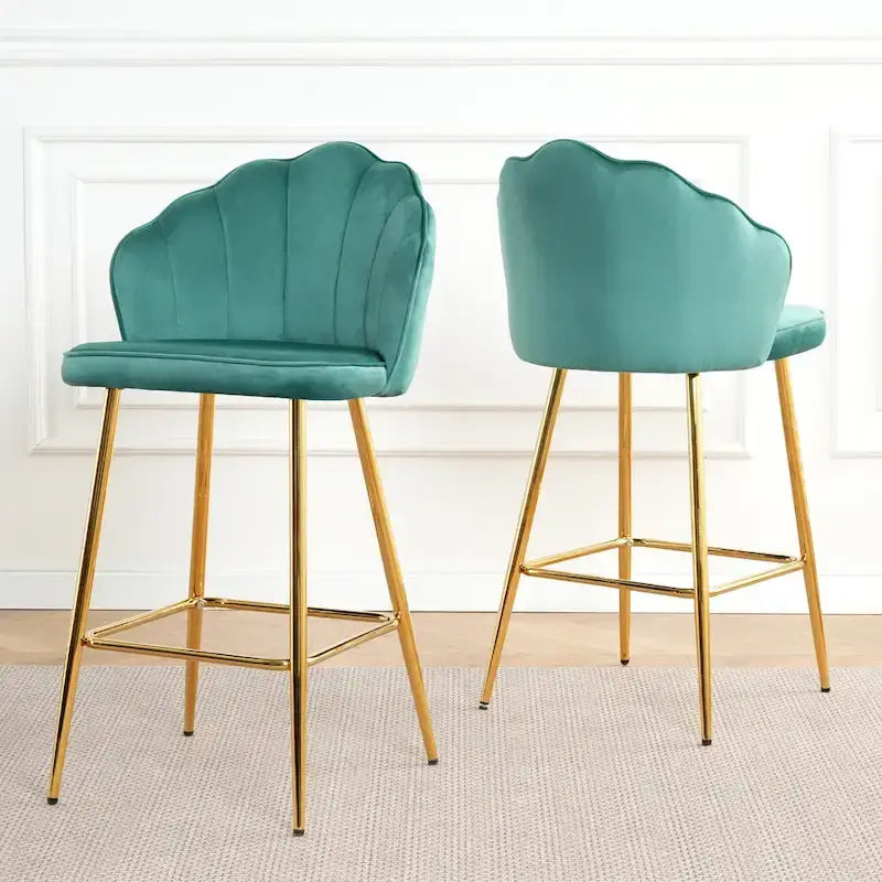 Tabourets de bar en velours motif coquillage, lot de 2, chaises hauteur comptoir avec pieds en métal, chaises d'îlot de cuisine rembourrées avec repose-pieds
