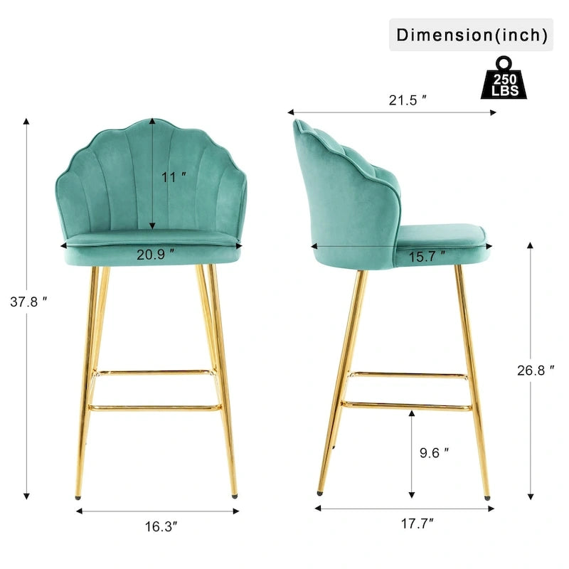 Tabourets de bar en velours motif coquillage, lot de 2, chaises hauteur comptoir avec pieds en métal, chaises d'îlot de cuisine rembourrées avec repose-pieds
