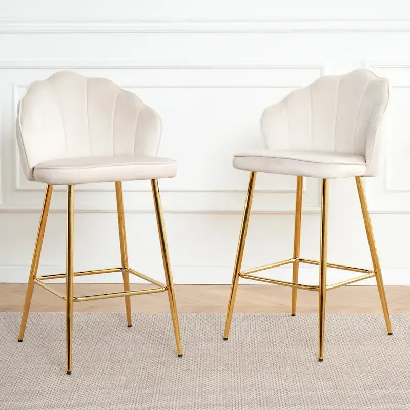 Tabourets de bar en velours motif coquillage, lot de 2, chaises hauteur comptoir avec pieds en métal, chaises d'îlot de cuisine rembourrées avec repose-pieds