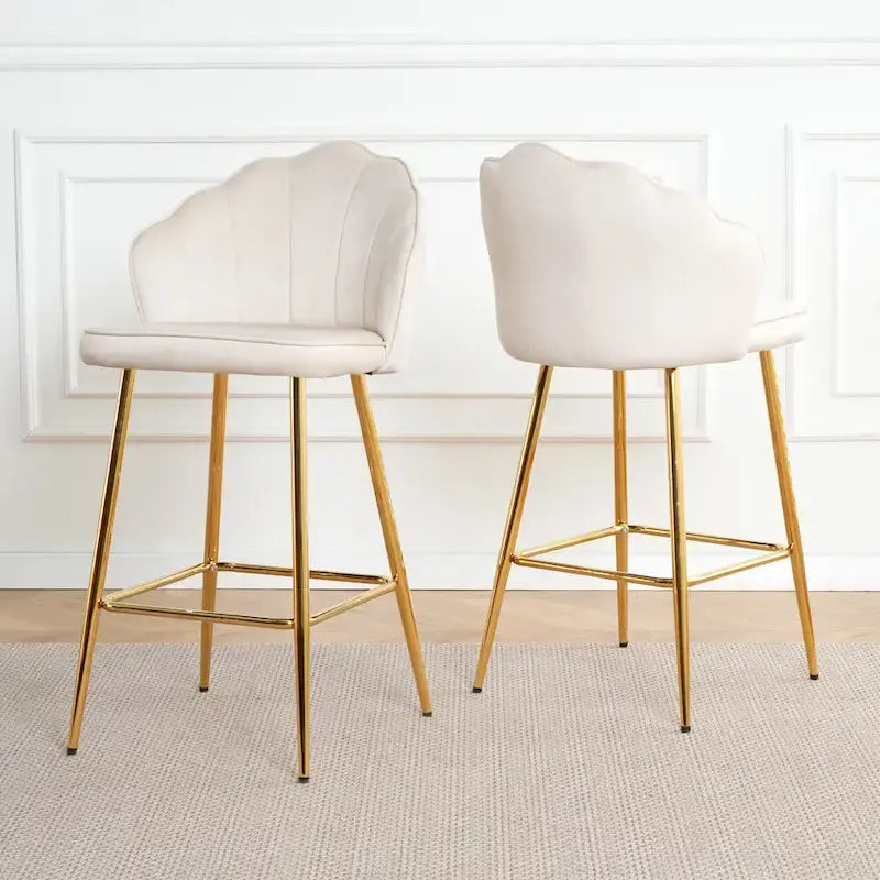 Tabourets de bar en velours motif coquillage, lot de 2, chaises hauteur comptoir avec pieds en métal, chaises d'îlot de cuisine rembourrées avec repose-pieds