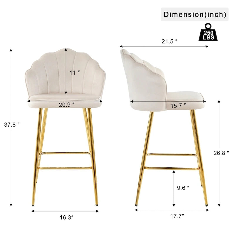 Tabourets de bar en velours motif coquillage, lot de 2, chaises hauteur comptoir avec pieds en métal, chaises d'îlot de cuisine rembourrées avec repose-pieds