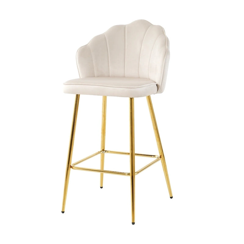 Tabourets de bar en velours motif coquillage, lot de 2, chaises hauteur comptoir avec pieds en métal, chaises d'îlot de cuisine rembourrées avec repose-pieds