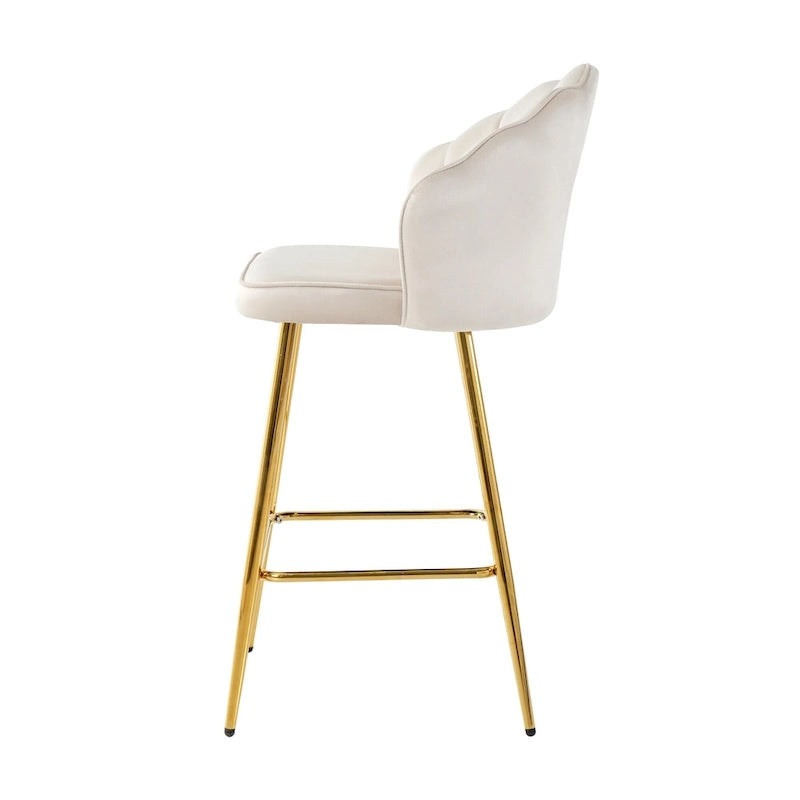 Tabourets de bar en velours motif coquillage, lot de 2, chaises hauteur comptoir avec pieds en métal, chaises d'îlot de cuisine rembourrées avec repose-pieds