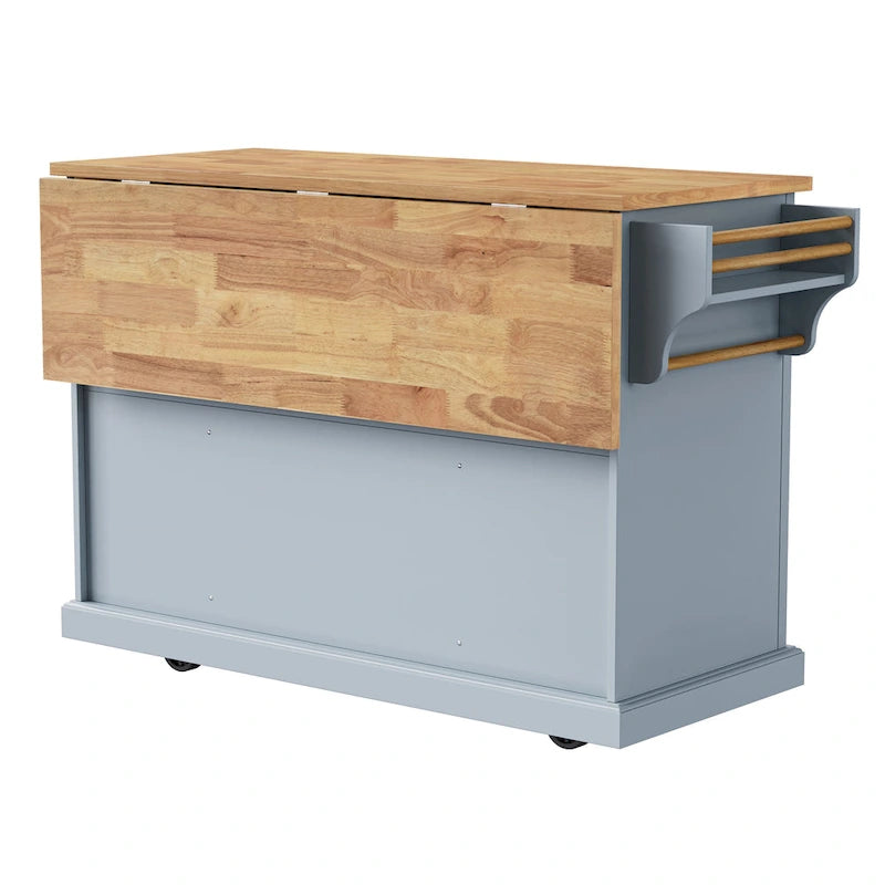 Îlot de cuisine de 54 pouces avec abattant en bois d'hévéa, chariot de cuisine roulant à texture gaufrée sur 4 roulettes avec 4 portes et 3 tiroirs
