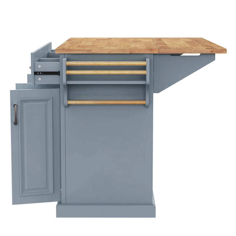 Îlot de cuisine de 54 pouces avec abattant en bois d'hévéa, chariot de cuisine roulant à texture gaufrée sur 4 roulettes avec 4 portes et 3 tiroirs