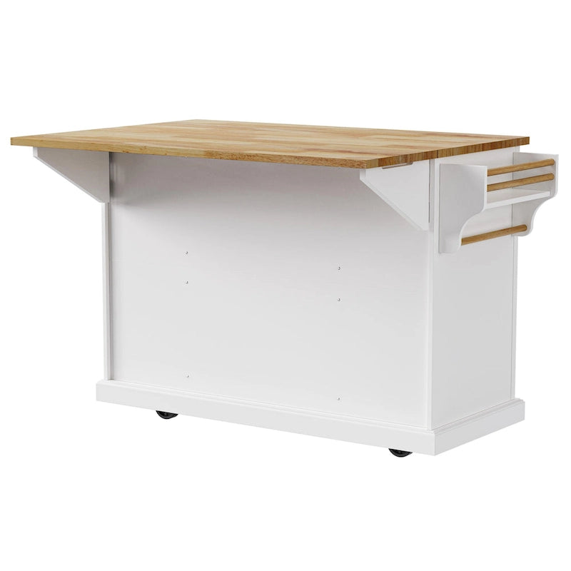 Îlot de cuisine de 54 pouces avec abattant en bois d'hévéa, chariot de cuisine roulant à texture gaufrée sur 4 roulettes avec 4 portes et 3 tiroirs