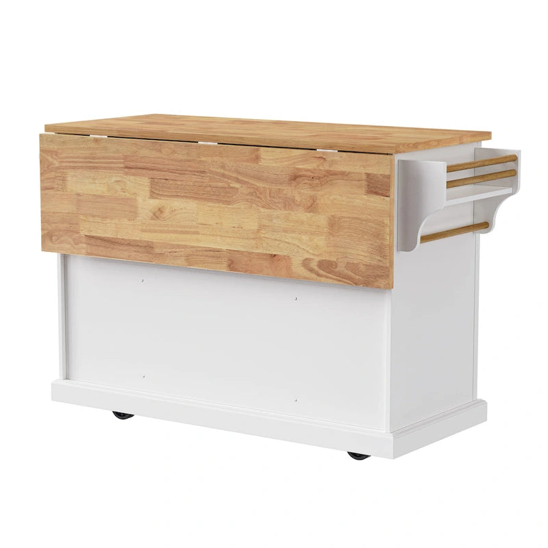 Îlot de cuisine de 54 pouces avec abattant en bois d'hévéa, chariot de cuisine roulant à texture gaufrée sur 4 roulettes avec 4 portes et 3 tiroirs