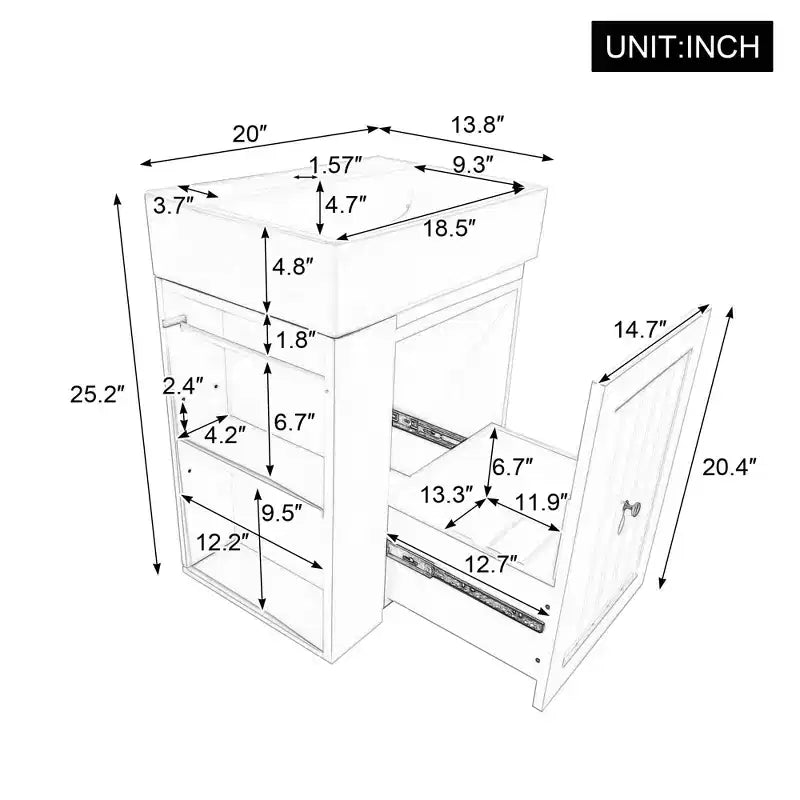 Meuble-lavabo avec évier en céramique, tiroir de rangement en MDF, étagère latérale et poignée dorée