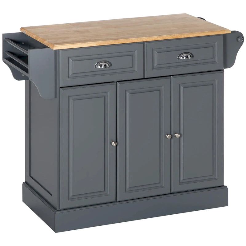Îlot de cuisine avec rangement, Chariot de service de cuisine roulant avec plateau en bois d'hévéa, Tiroir de rangement et placard