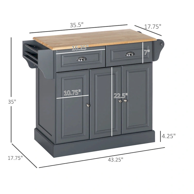 Îlot de cuisine avec rangement, Chariot de service de cuisine roulant avec plateau en bois d'hévéa, Tiroir de rangement et placard