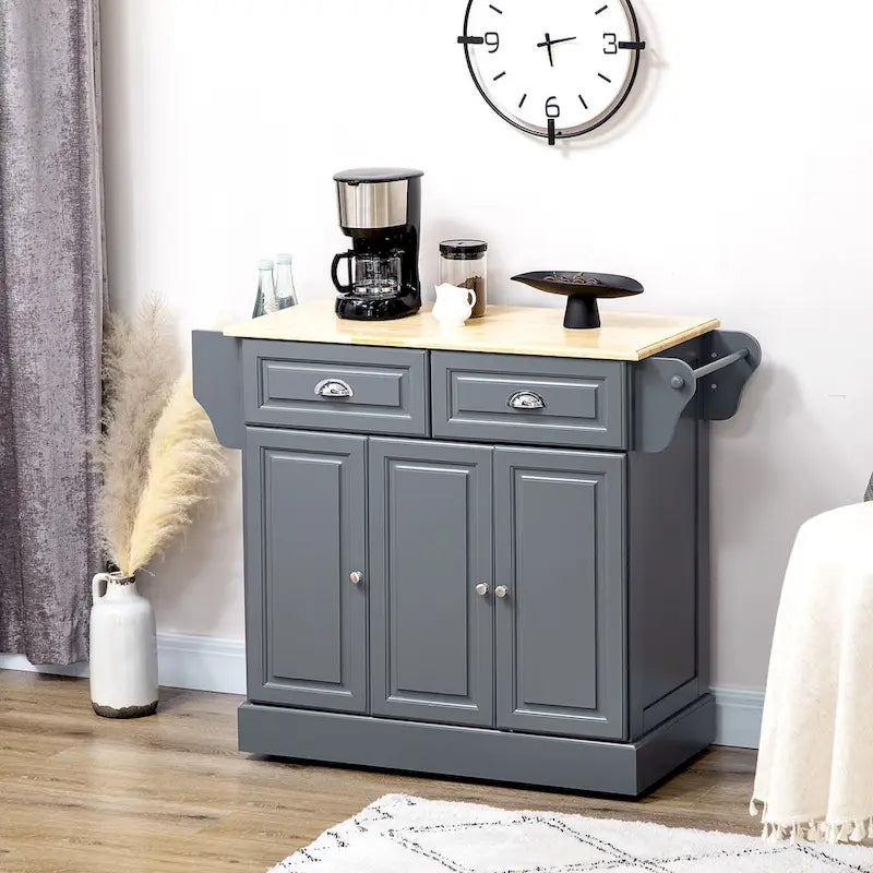 Îlot de cuisine avec rangement, Chariot de service de cuisine roulant avec plateau en bois d'hévéa, Tiroir de rangement et placard