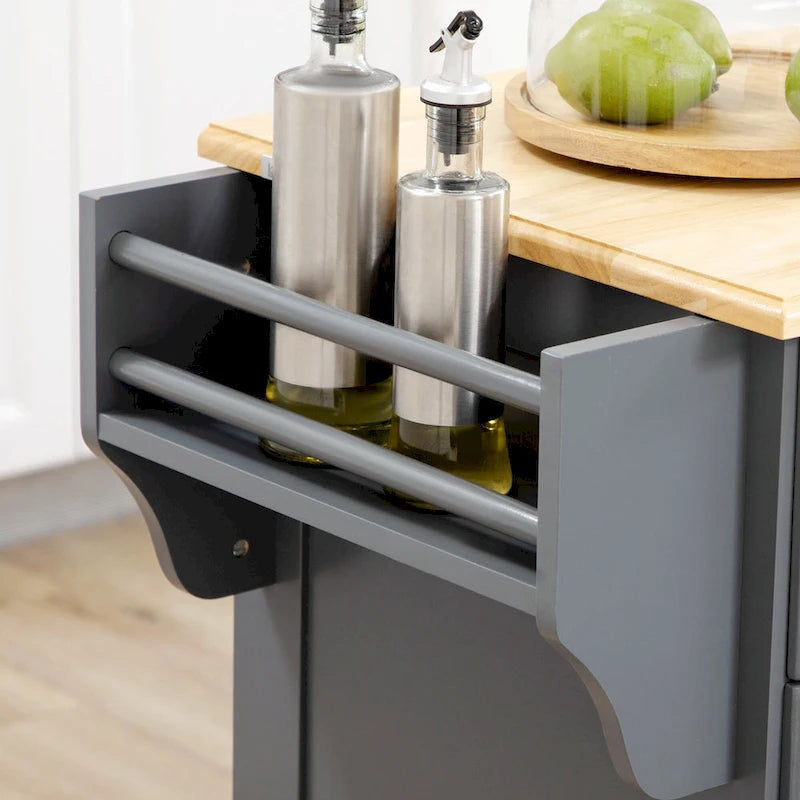 Îlot de cuisine avec rangement, Chariot de service de cuisine roulant avec plateau en bois d'hévéa, Tiroir de rangement et placard