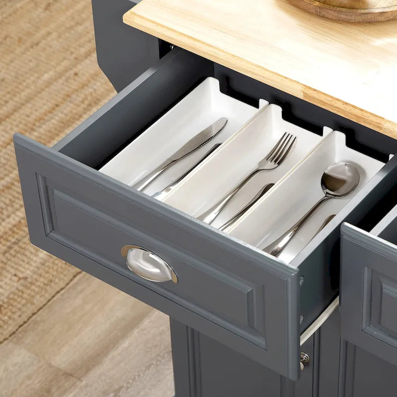 Îlot de cuisine avec rangement, Chariot de service de cuisine roulant avec plateau en bois d'hévéa, Tiroir de rangement et placard