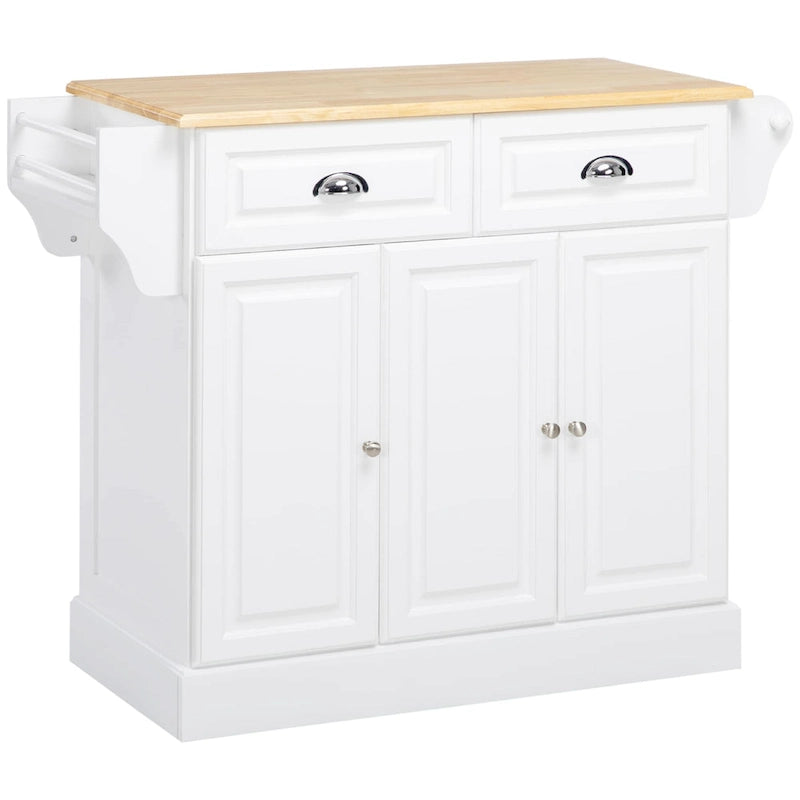 Îlot de cuisine avec rangement, Chariot de service de cuisine roulant avec plateau en bois d'hévéa, Tiroir de rangement et placard