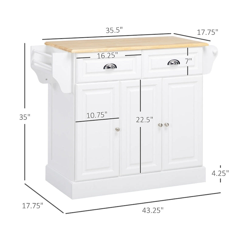Îlot de cuisine avec rangement, Chariot de service de cuisine roulant avec plateau en bois d'hévéa, Tiroir de rangement et placard