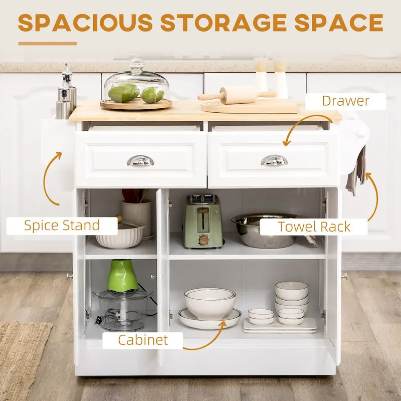 Îlot de cuisine avec rangement, Chariot de service de cuisine roulant avec plateau en bois d'hévéa, Tiroir de rangement et placard