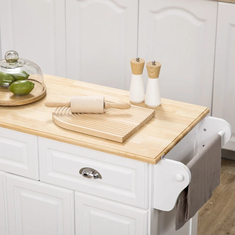 Îlot de cuisine avec rangement, Chariot de service de cuisine roulant avec plateau en bois d'hévéa, Tiroir de rangement et placard