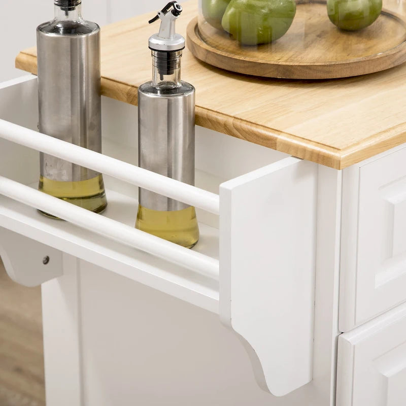 Îlot de cuisine avec rangement, Chariot de service de cuisine roulant avec plateau en bois d'hévéa, Tiroir de rangement et placard