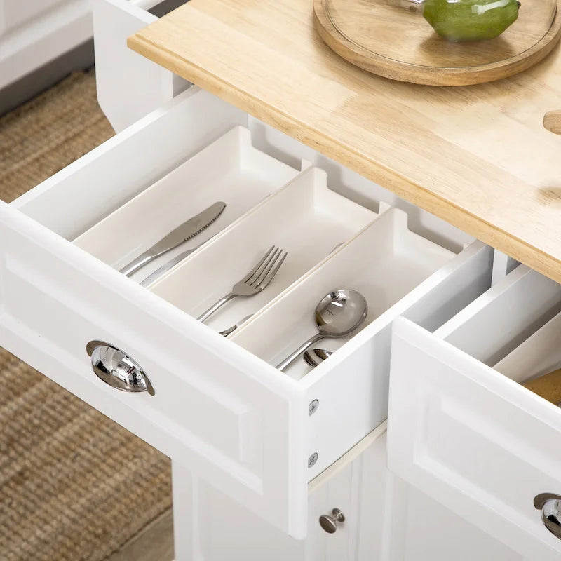 Îlot de cuisine avec rangement, Chariot de service de cuisine roulant avec plateau en bois d'hévéa, Tiroir de rangement et placard