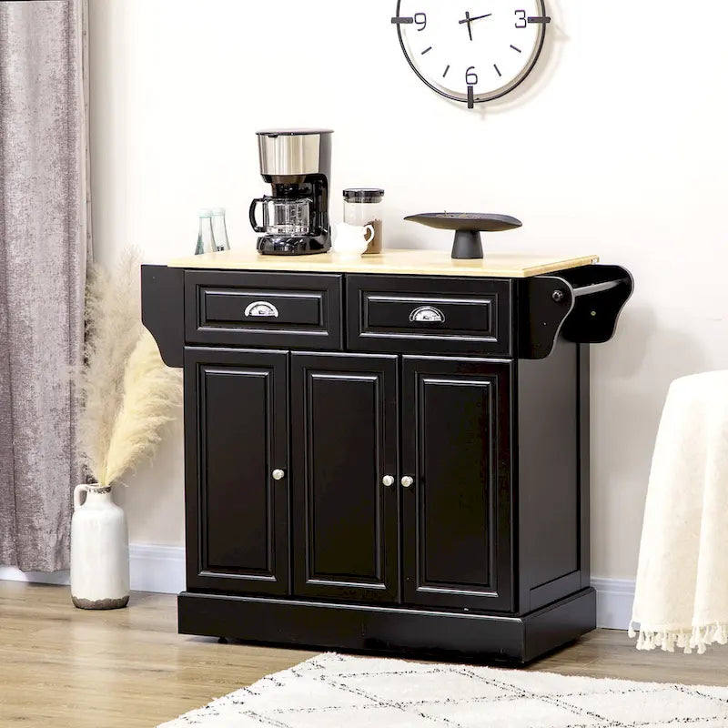 Îlot de cuisine avec rangement, Chariot de service de cuisine roulant avec plateau en bois d'hévéa, Tiroir de rangement et placard