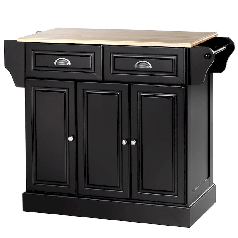 Îlot de cuisine avec rangement, Chariot de service de cuisine roulant avec plateau en bois d'hévéa, Tiroir de rangement et placard