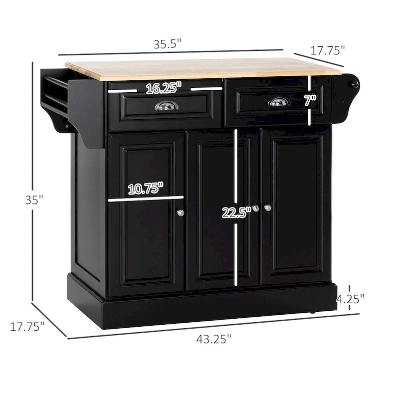 Îlot de cuisine avec rangement, Chariot de service de cuisine roulant avec plateau en bois d'hévéa, Tiroir de rangement et placard