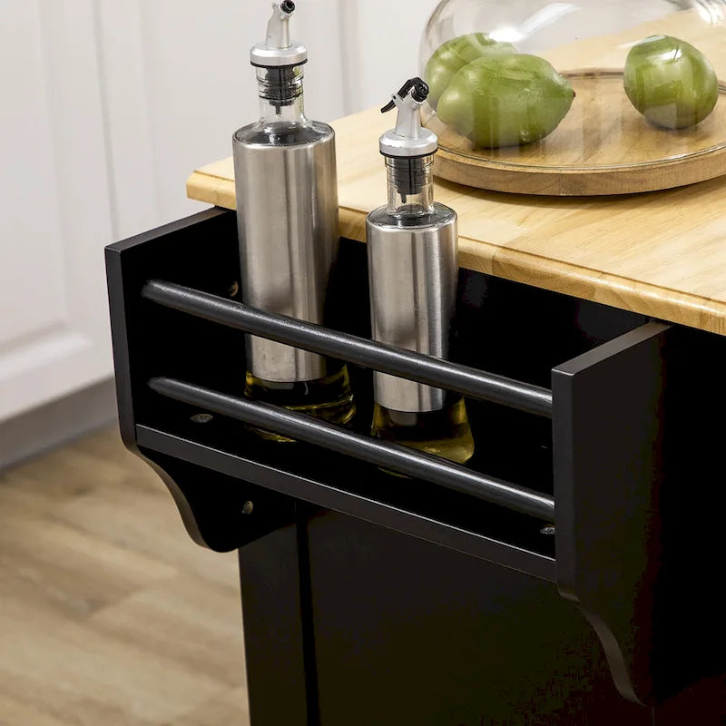 Îlot de cuisine avec rangement, Chariot de service de cuisine roulant avec plateau en bois d'hévéa, Tiroir de rangement et placard