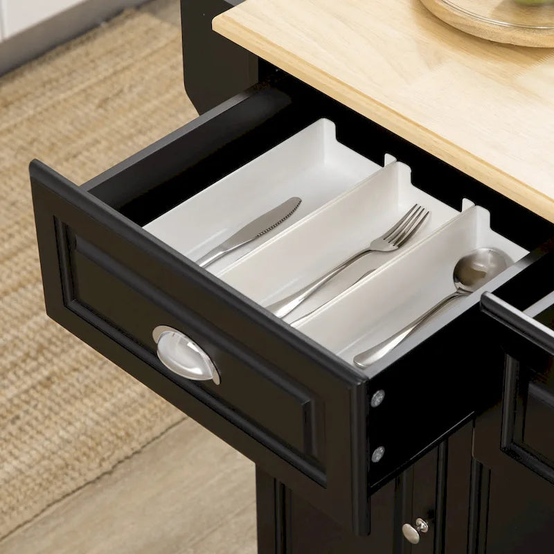 Îlot de cuisine avec rangement, Chariot de service de cuisine roulant avec plateau en bois d'hévéa, Tiroir de rangement et placard
