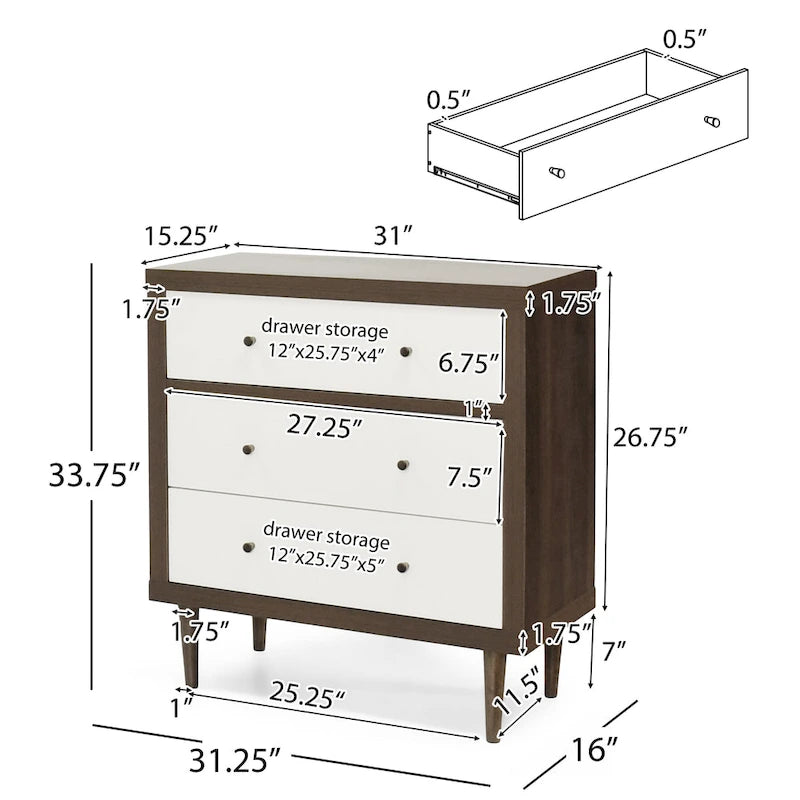 Commode moderne du milieu du siècle à 3 tiroirs