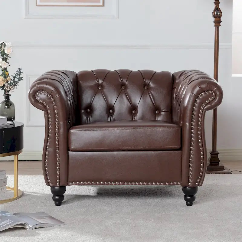 Fauteuil-canapé touffeté en similicuir marron surdimensionné – 32,09 x 38,98 x 28,35