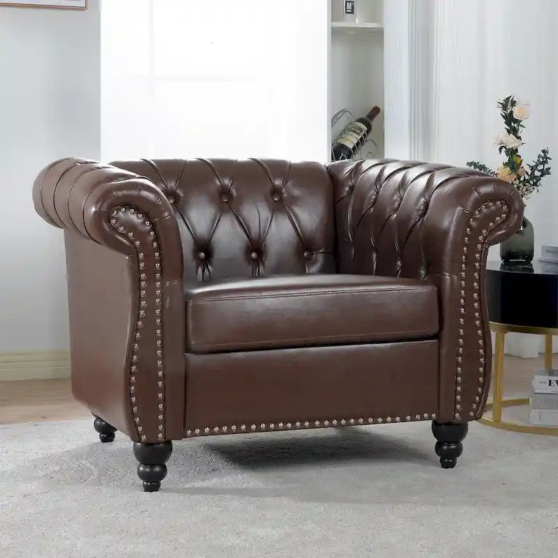 Fauteuil-canapé touffeté en similicuir marron surdimensionné – 32,09 x 38,98 x 28,35