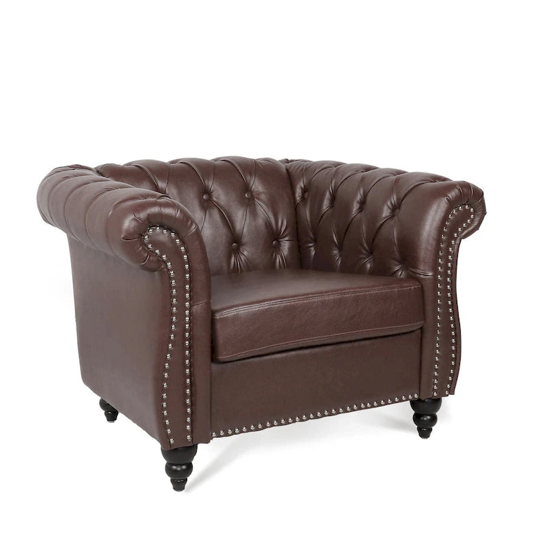 Fauteuil-canapé touffeté en similicuir marron surdimensionné – 32,09 x 38,98 x 28,35
