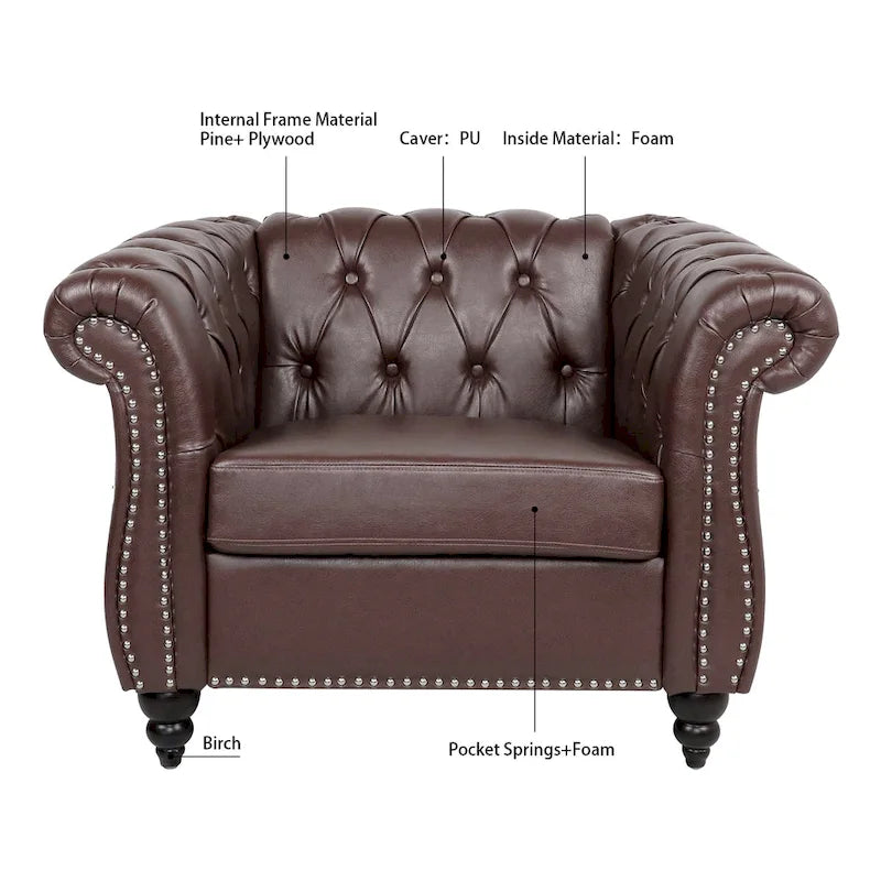 Fauteuil-canapé touffeté en similicuir marron surdimensionné – 32,09 x 38,98 x 28,35