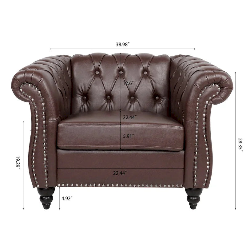 Fauteuil-canapé touffeté en similicuir marron surdimensionné – 32,09 x 38,98 x 28,35